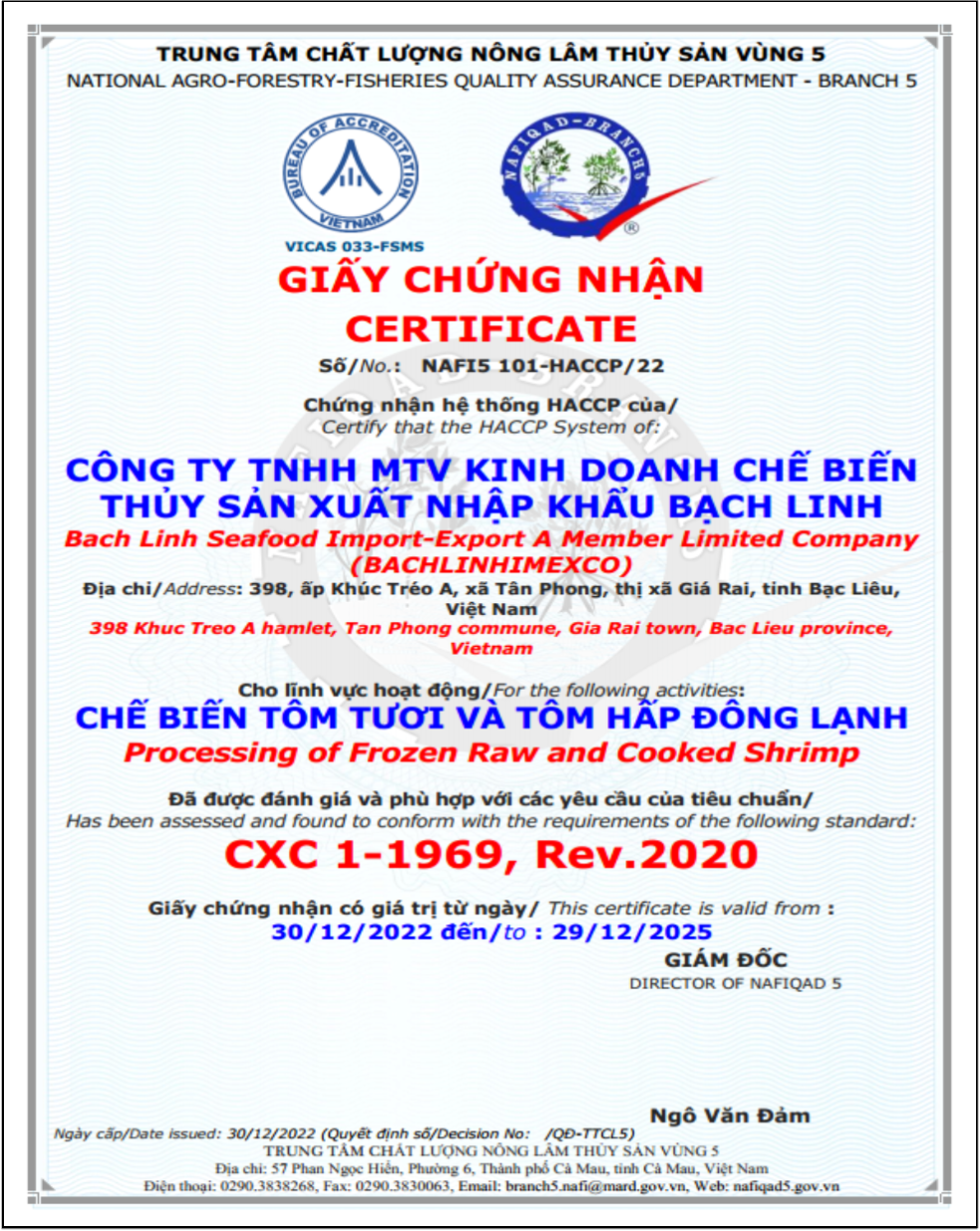 Chứng nhận HACCP của Bạch Linh